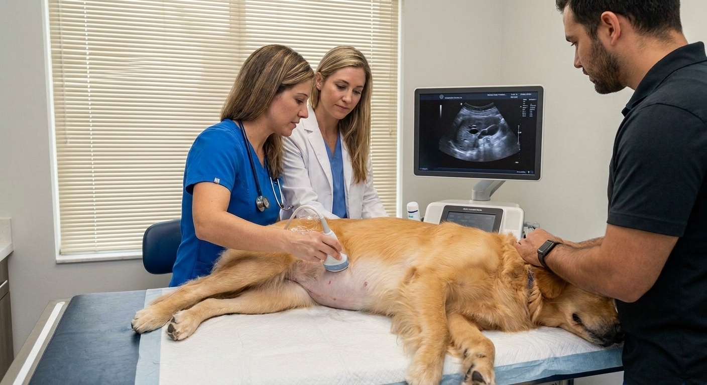 Veterinarian performing an ultrasound on a pet in Doral to diagnose internal health issues