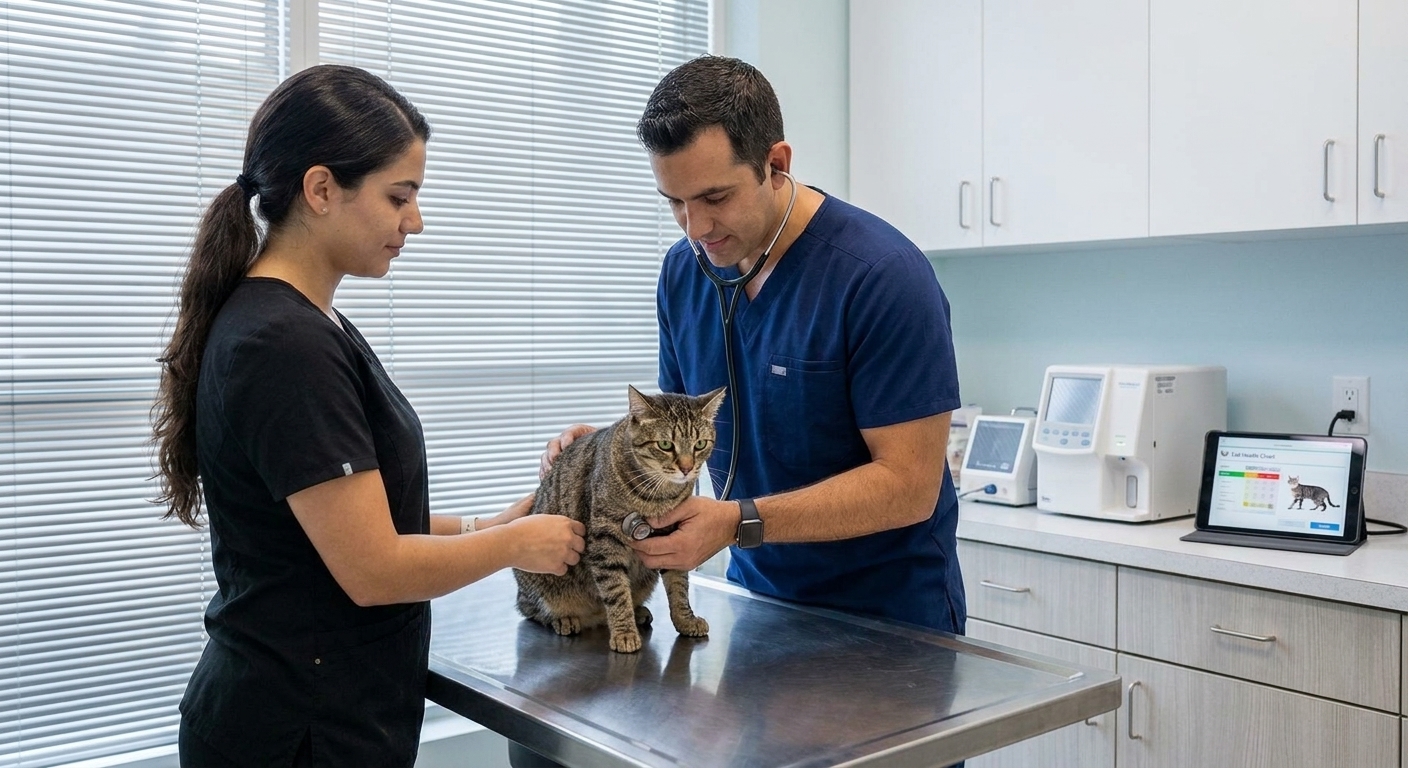 Indoor cat wellness exam at Doral veterinary clinic